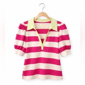 Maeve by Anthropologie Pink Stripe Puff Sleeve Polo Top Small